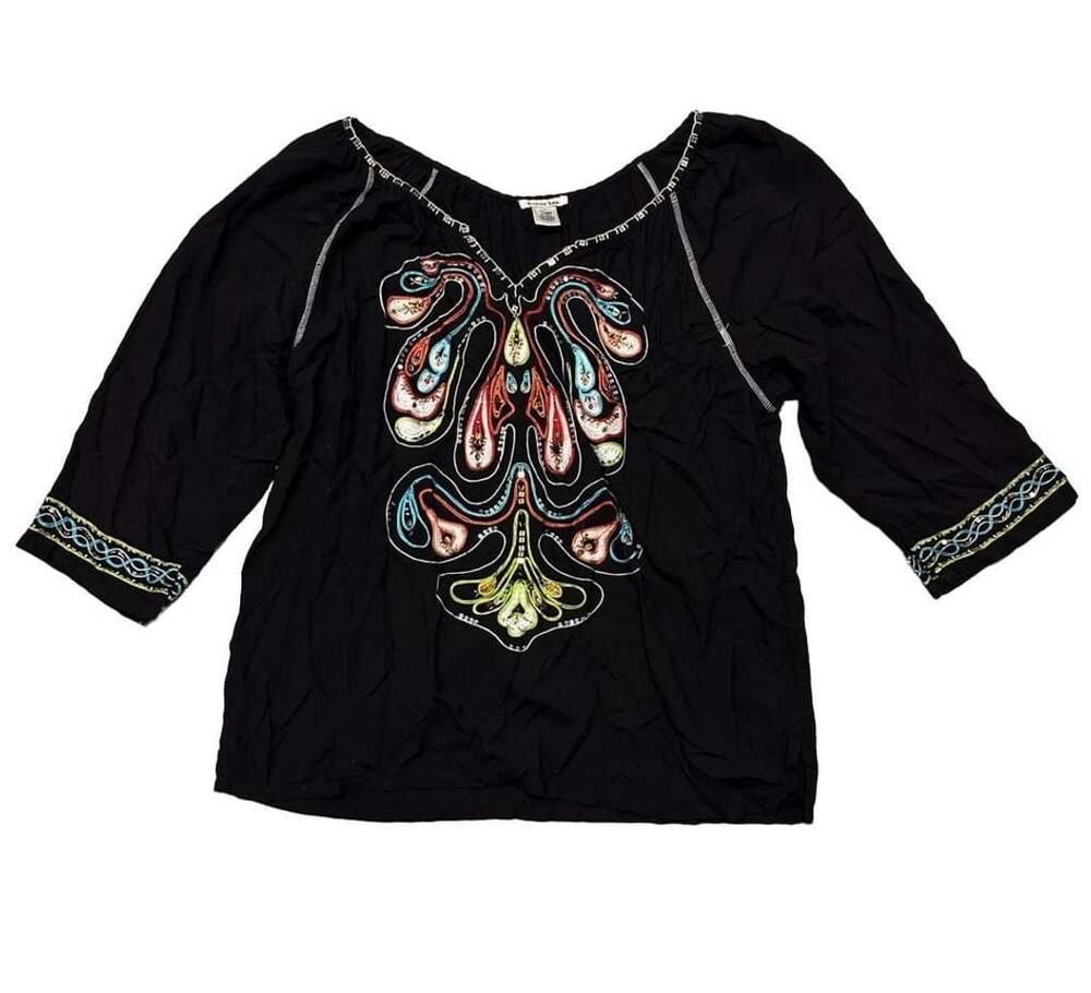 Krista Lee Embroidered Blouse Size XL Black Bohemian Peasant Top